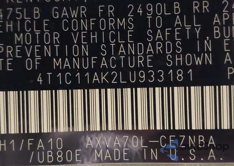 2020 Toyota Camry Le z USA, uszkodzony, nr VIN 4T1C11AK2LU933181